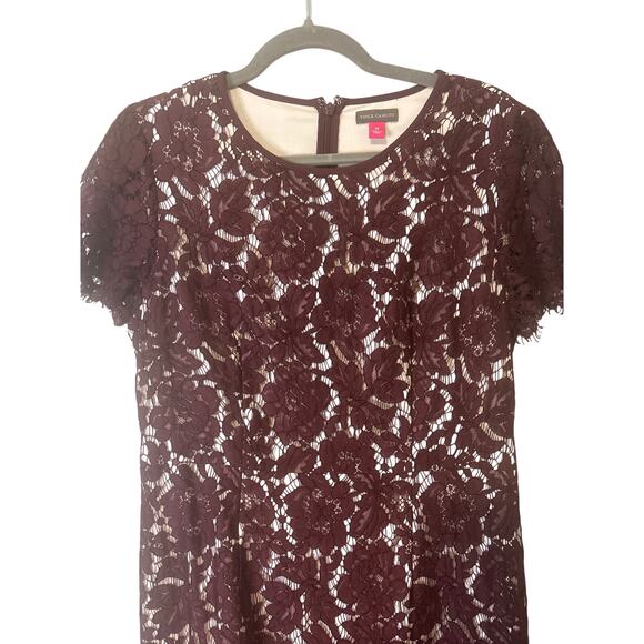 Vince Camuto Lace Dress Deep Purple Size 10 Short Sleeve Scallop Details - Picture 2 of 8
